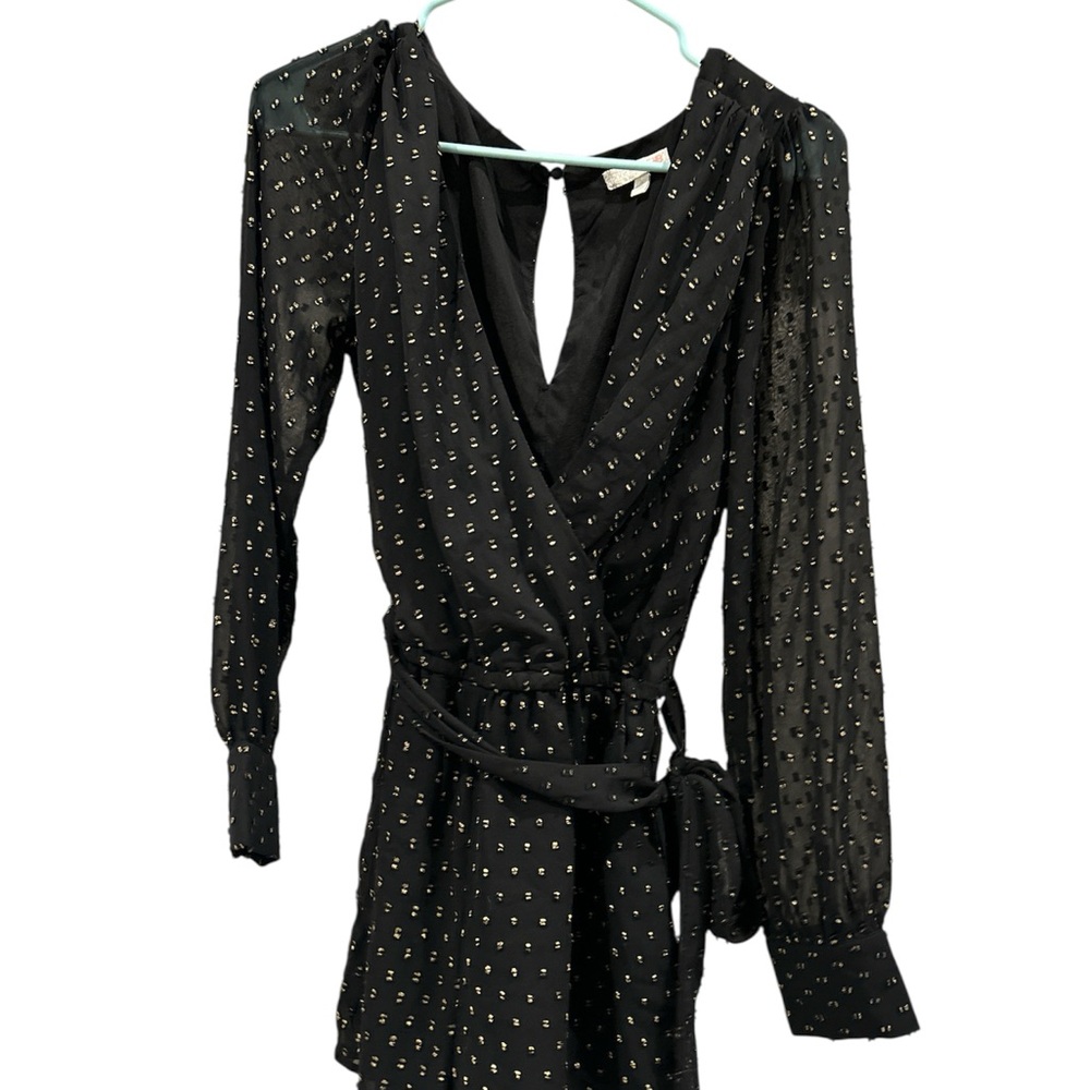 Gianni Bini Black Sheath Dress with Plunge Neckline and Bishop Sleeves